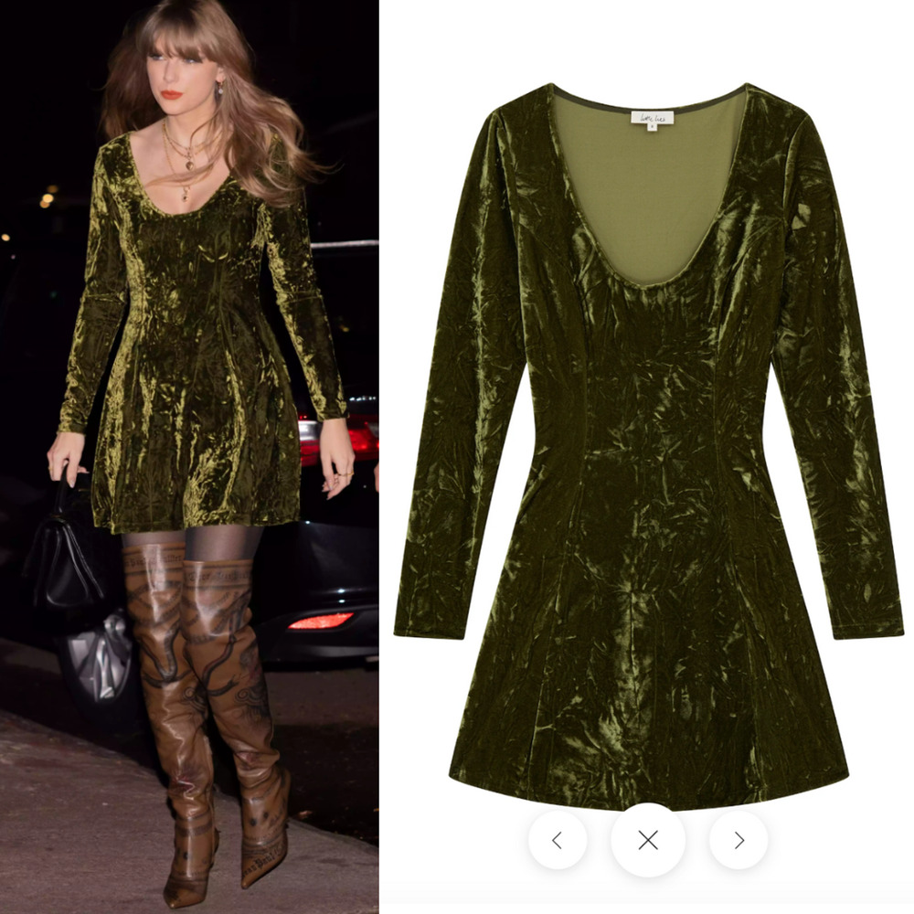 Taylor Swift Little Lies Sweet Jane Mini Dress Olive Crushed Velvet, Size US 6